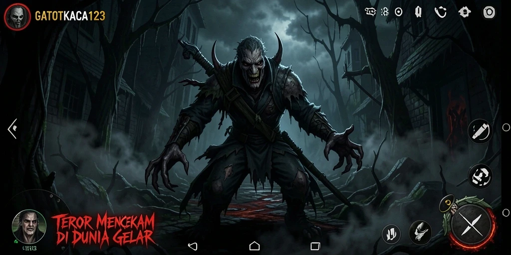 Tampilan gameplay GATOTKACA123 yang menyeramkan dalam suasana Horror.