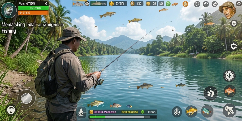 Screenshot gameplay GTPIDN menunjukkan aksi menegangkan saat menangkap ikan.