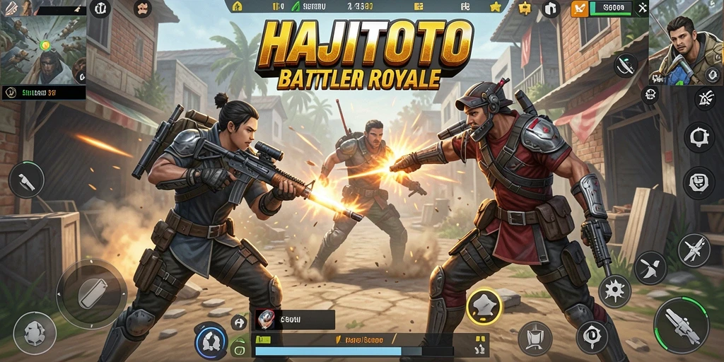 Screenshot utama gameplay Battle Royale HAJITOTO dengan aksi yang intens.