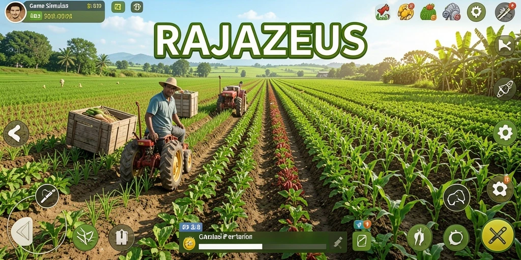 Screenshot gameplay <strong>RAJAZEUS</strong> menampilkan aktivitas bertani yang mendebarkan.