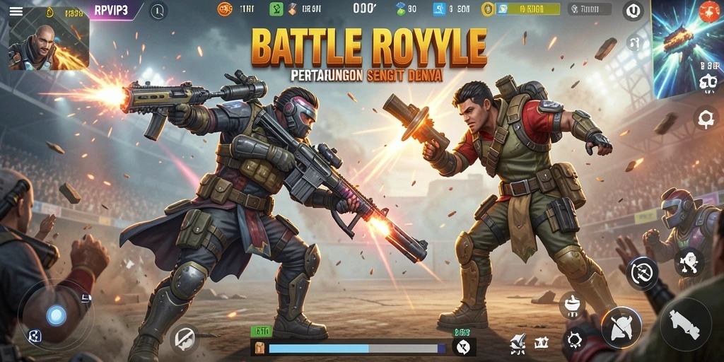 Tangkapan layar gameplay RPVIP3 menunjukkan aksi intens dalam pertempuran Battle Royale.