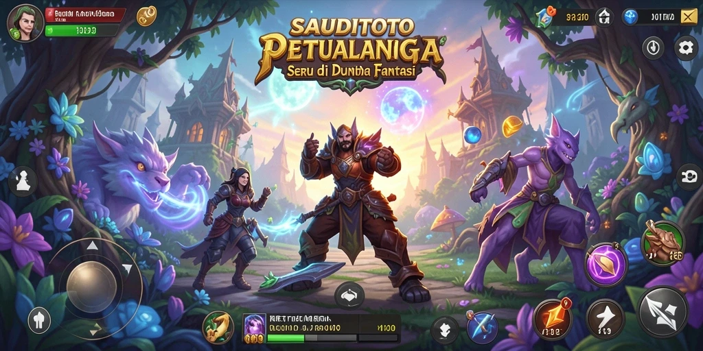 Tampilan gameplay SAUDITOTO dengan karakter menjelajah dunia fantasi.